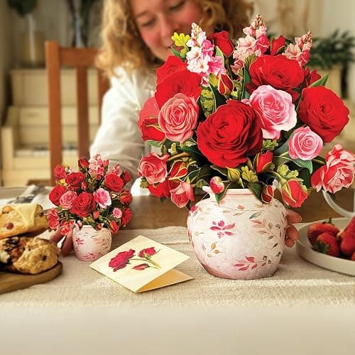 Freshcut Paper Pop Up Cards, Blooming Roses, 12 Inch Life Sized Forever Flower Bouquet 3D Popup Greeting Cards, Valentine's Day, Anniversary Card, Blank Notecard & Envelope - Blooming Roses thumbnail 2