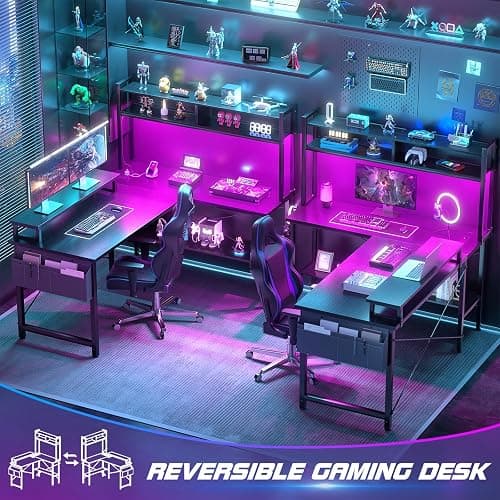 Aheaplus L Shaped Gaming Desk with Power Outlets & LED Lights, Small L- Shaped Desk Computer Corner Desk with Monitor Stand & Storage Shelf, Home Office Desk Writing Desk with Storage Bag, Black thumbnail 7