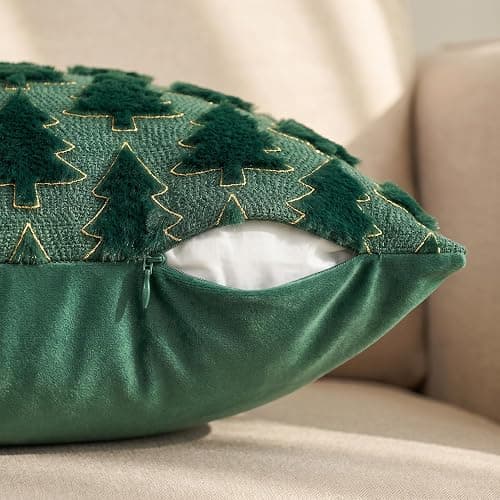 AVOIN colorlife Christmas Tree Green Throw Pillow Covers 18x18 Inch 2PC | Gold Border Christmas Tree Festivals Winter Soft Plush Faux Fur Cushion Case Decoration for Sofa Couch Set of 2 thumbnail 7