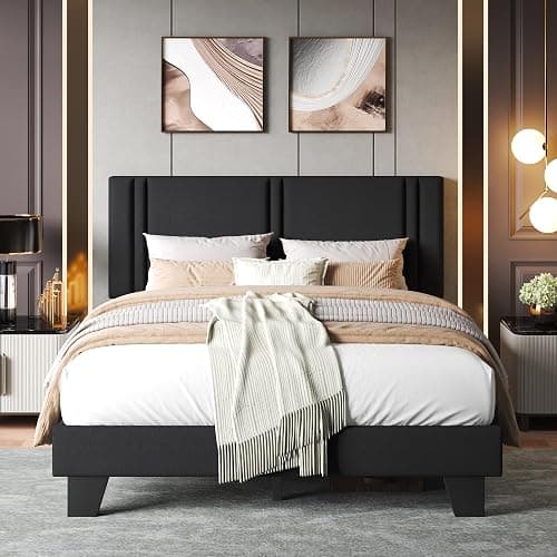 Einhomn Upholstered Queen Size Bed Frame with Linen Fabric Headboard, Strong Wooden Slats Support, Noise Free, No Box Spring Needed, Black thumbnail 3