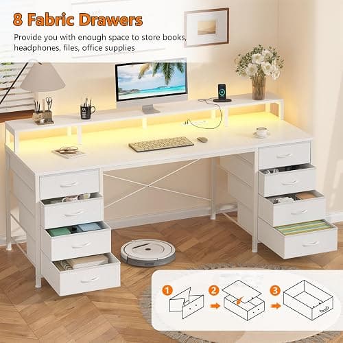 YOMILUVE 60 Inch Computer Desk with 8 Fabric Drawers, Gaming Desk with LED Lights & Power Outlets, Home Office Desk with Monitor Stand, White thumbnail 3