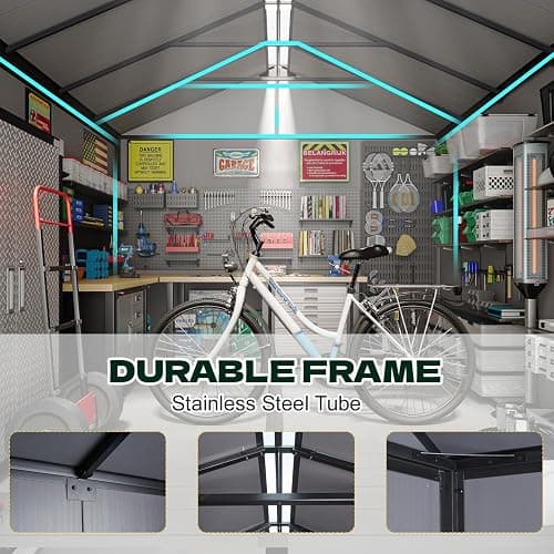 MELLCOM 8 x 6 FT Outdoor Plastic Garden Storage Shed with Floor, Resin Tool Storage Shed with Windows and Lockable Door for Patio, Pool Supply, Bike, Lawnmower thumbnail 5