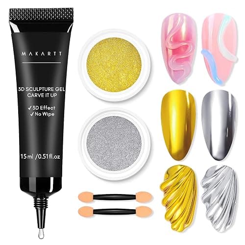 Makartt 3D Nail Gel and Chrome Nail Powder Kit, Sculpting Gel for Nail Art, 15g DIY Craving Gel, No wipe 3D Molding Gel and Metallic Chrome Powder Set for Nails Decoration Manicure Pedicure Use - clear & chrome - Image 1