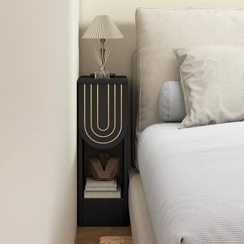 weselon Narrow Nightstands Set of 2, Black Bedside Table with Carved Drawer and Storage Shelf, Mid-Century Modern Slim Side End Table for Bedroom Compact Space, Wooden Small Night Stand (2, Black) thumbnail 5