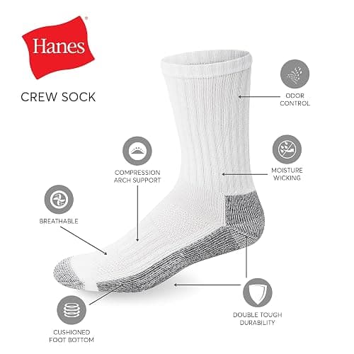 Hanes Men's Work Socks, Cushioned Crew Socks, Moisture-Wicking Socks & Odor Control, Black & White, 6 & 12 Pack Available thumbnail 4