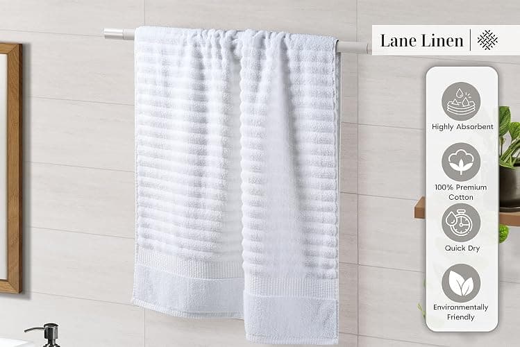 LANE LINEN White Bath Towels Set of 6-100% Cotton Towels for Bathroom, Hotel & Spa - Zero Twist, Premium Quality, Soft, Absorbent, Ribbed Bathroom Towel Set - Includes 2 Bath, 2 Hand & 2 Washcloths - 6 Piece Set - 02: White thumbnail 6