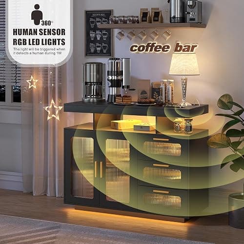 HWB Coffee Bar Cabinet with Storage, Buffet Sideboard with RGB Light, Modern Coffee Bar Table with Charging Station, Black thumbnail 4