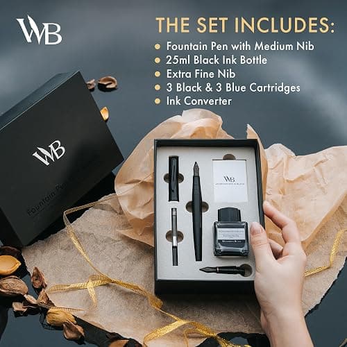 Wordsworth & Black Fountain Pen Set, 18K Gilded Medium and Extra Fine Nib, 25ML Black Ink Bottle, 6 Ink Cartridges,Refill Converter,Gift Box,Smooth Writing Pens [All Black],Gift Set for Men and Women thumbnail 4