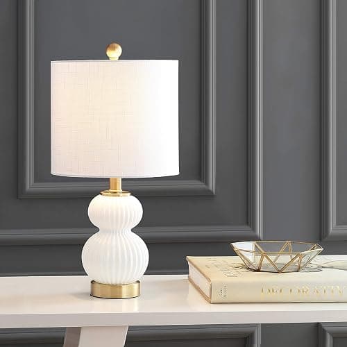 JONATHAN Y 20" White/Brass Gold Ribbed Gourd Glass Table Lamp, Modern Bedside Lamp for Bedroom Living Room, White Linen Drum Shade, LED Bulb Included JYL1099A thumbnail 2