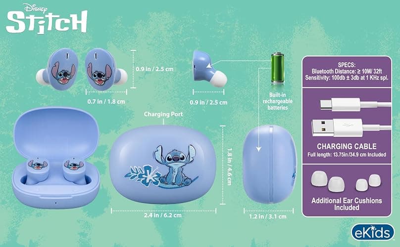 eKids Disney Stitch Wireless Earbuds with Microphone, Bluetooth Earbuds with Charging Case for Ear Buds, Designed for School, Home, or Travel thumbnail 4