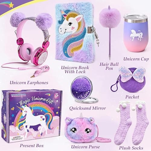 Unicorn Gifts for Girls 6 7 8 9 10 11 12 Years Old with 3.5mm Wired Headphones Locked Notebook Plush Bag Purse Socks Mirror Water Bottle Kids Unicorn Toys Christmas Birthday Gift for Teen Age 6+ thumbnail 4