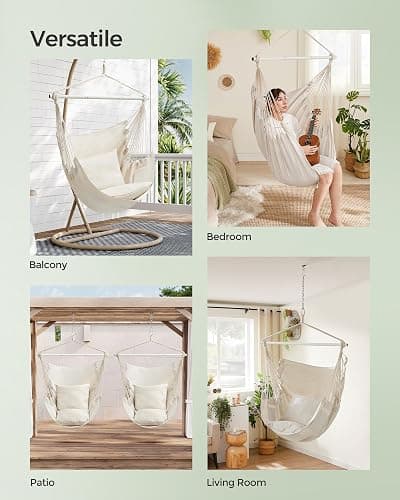 SONGMICS Hammock Chair, Load Capacity 500 lb, Hanging Chair with 2 Cushions, Large Hammock Swing with Chain and Pocket, for Indoor, Outdoor, Living Room, Bedroom, Cream White UGDC197M01 thumbnail 6