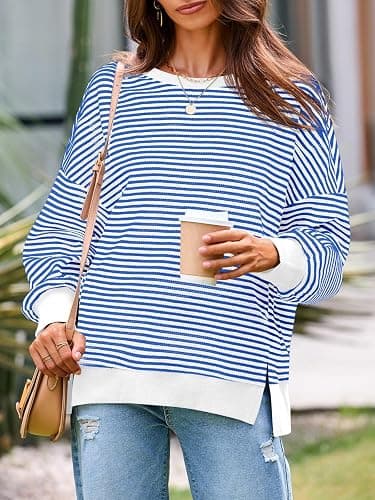 Fisoew Women's Fall Oversized Sweatshirt Casual Waffle Knit Long Sleeve Crewneck Split Pullover Tunic Tops thumbnail 2