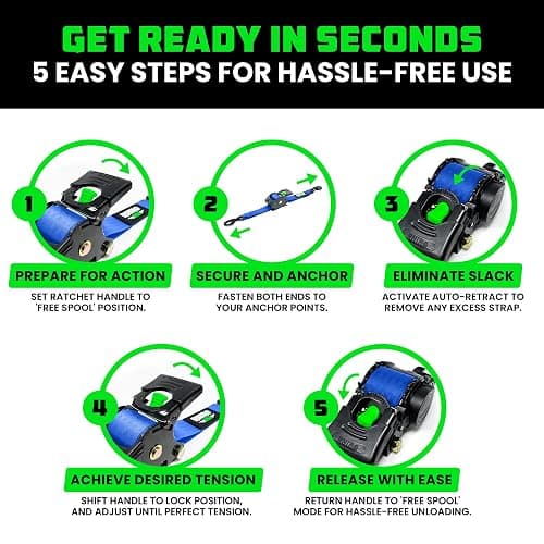 Rhino USA Retractable Ratchet Straps (2-Pack) - 1 Inch x 10 Feet (1,209lb Break Strength) - Auto Self Retracting Tie Down Straps for Truck, Cargo Trailer, Motorcycle, ATV, UTV - Blue thumbnail 8