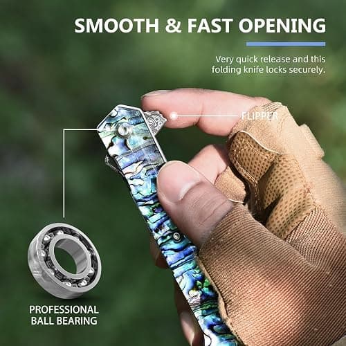 DRACHENADER Damascus Pocket Knife, 8.97" Tanto Folding Knife Handmade Forged VG10 Core 67-Layer Damascus Steel with Abalone Seashell Handle, Leather Sheath thumbnail 5
