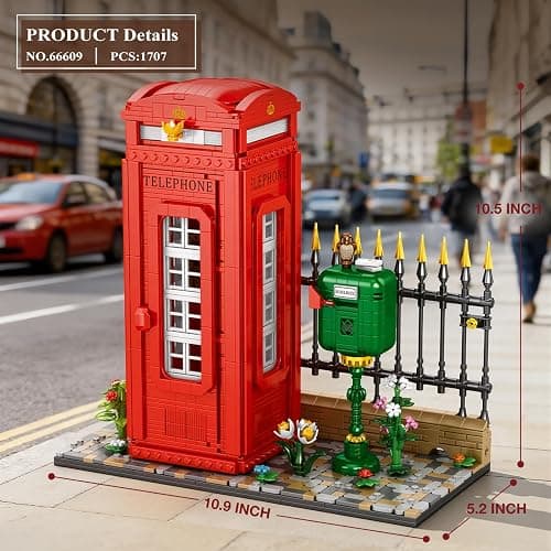 Reobrix Telephone Booth Building Block Sets for Adults with LED Lights 66609, London Landmark Red Telephone Box Vintage Phone Booth Model, Retro Building Toy for Adult Kids Home Office Decor(1707PCS) thumbnail 3