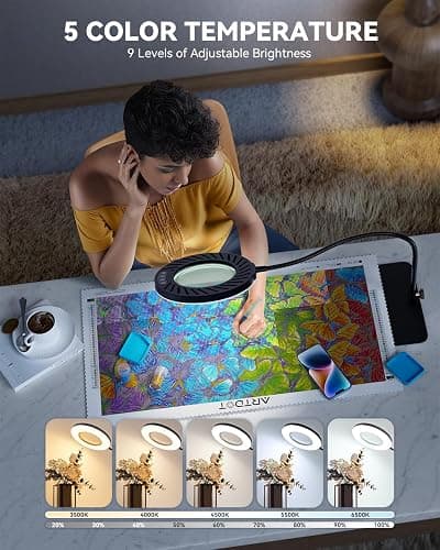 ARTDOT 10X Magnifying Glass with Light and Stand, 144 LEDs Desk Lamp with 5 Color Temperatures and 9 Levels Adjustable Brightness for Diamond Painting Accessories Crafts Reading Hobbies Close Work thumbnail 4