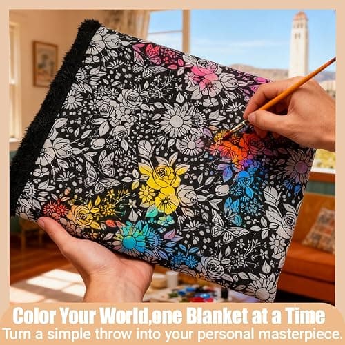 DIY Coloring Blanket, Washable Color Your Own Fleece Throw Blanket for Kids and Adults Soft Cozy Art Project, 46x56 Inch, Creative Home Bedroom Decor and Family Activity Gift (F) thumbnail 3
