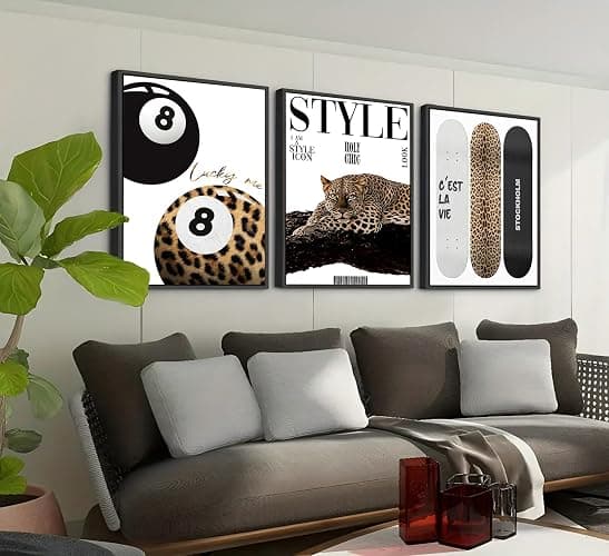 3Pcs Trendy Leopard Wall Art Preppy Aesthetic Stylish Leopard Painting Picture Wall Decor Funky Lucky 8 Ball Cheetah Poster Print Artwork for Bedroom Living Room Bathroom Home Decoration Unframed thumbnail 5