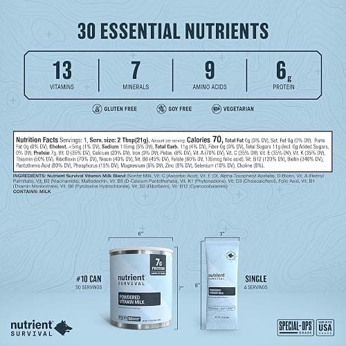 Nutrient Survival Vitamin Powdered Milk, Freeze Dried Prepper Supplies & Emergency Food Supply, 21 Essential Nutrients, Soy & Gluten Free, Shelf Stable Up to 25 Years, One Can, 50 Servings thumbnail 6
