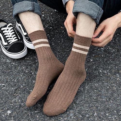 TeenFighter 7 Pair Pack Men's Retro Double Bar Cotton Socks - Vintage Design Crew Socks with Breathable Soft Fabric for Casual & Athletic Wear thumbnail 2