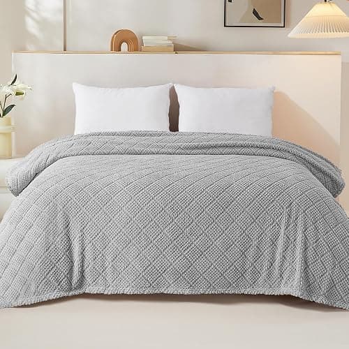 Whale Flotilla Fuzzy Fleece King Size Blanket for Bed, Soft Fluffy Jacquard Waffle Blankets for All Season, Lightweight and Warm, 90x104 Inch, Light Grey thumbnail 2