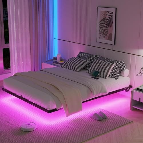 SANGMUCEN Floating Queen Bed Frame with LED Lights & USB Charging Station, Metal Platform Bed Frame Queen Size, No Box Spring Needed, Steel Slat Support, Anti-Noise Foam Stickers, Easy to Assemble - Image 1