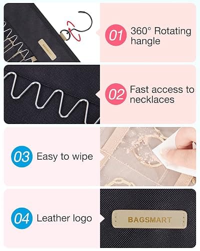 BAGSMART Hanging Jewelry Organizer Storage Roll with Hanger Metal Hooks Double-Sided Jewelry Holder for Earrings, Necklaces, Rings on Closet, Wall, Door, 1 piece, Large, Black thumbnail 5
