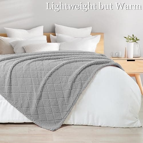 Whale Flotilla Fuzzy Fleece King Size Blanket for Bed, Soft Fluffy Jacquard Waffle Blankets for All Season, Lightweight and Warm, 90x104 Inch, Light Grey thumbnail 7