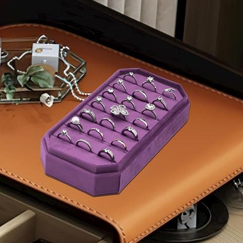 COWFEX Velvet Ring Organizer Display Tray Jewelry Box Earring Holder Case for Wedding Birthday Christmas Day (Purple) thumbnail 6