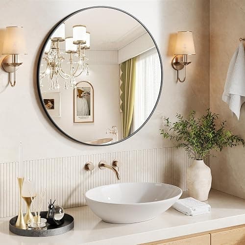 IDEALHOUSE 18 Inch Black Round Wall Mirror, Circle Mirror Metal Frame for Bathroom, Vanity, Entryway, Bedroom, Living Room, Wall Mounted Modern Rustic Decor thumbnail 2