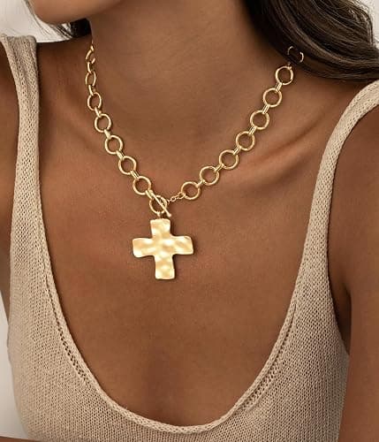 CHESKY 14K Gold Plated Chunky Cross Necklace for Women Toggle Clasp | Hammered Cross Pendant, Statement Gold Necklace, Chunky Gold Chain, Toggle Clasp Jewelry, Vintage Trendy Style thumbnail 3