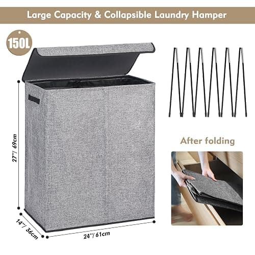 DOKEHOM 150L Double Laundry Basket with Lid and Removable Laundry Bags, Large Collapsible Laundry Hamper with 2 Sections for Bedroom, Bathroom, Laundry Room, Colloge (Grey) thumbnail 3