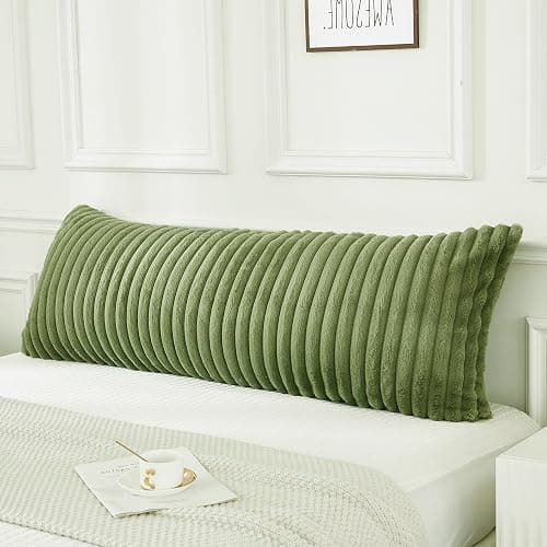 JAUXIO Faux Fur Fluffy Body Pillow Cover Luxury Textured Vertical Stripe Plush Decorative Body Pillowcase, Ultra Soft and Cozy Zipper Closure 21 x 54 Inches, Sage - Image 1