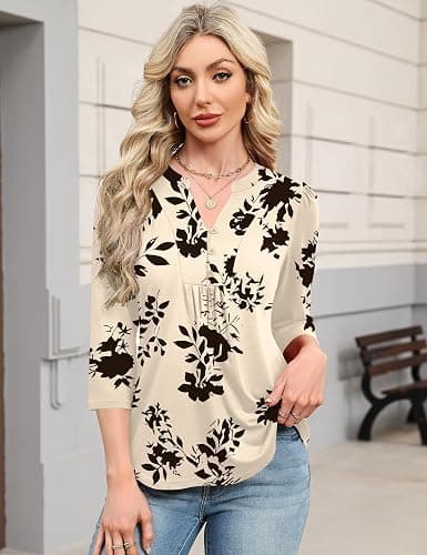IECCP 3/4 Length Sleeve Womens Tops Dressy Casual Henley V-Neck Summer Tops Pleated T-Shirts Loose Fit Work Blouses thumbnail 3