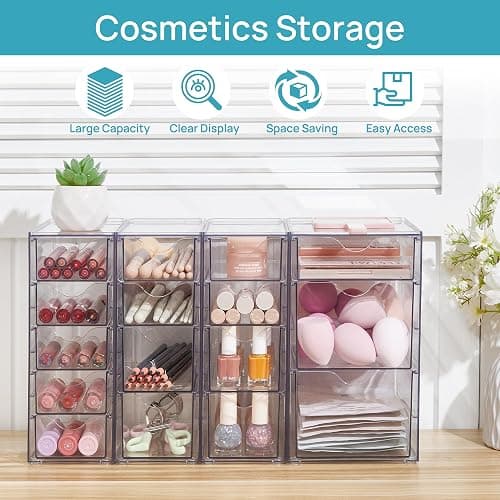 Vtopmart 4 Set Acrylic Desk Organizer with 16 Drawers for Office, Makeup | Clear Storage Drawers for Office Supplies, Desktop Organization for Makeup, Jewelry, Art Crafts, Bead, Pen, Stationary thumbnail 7
