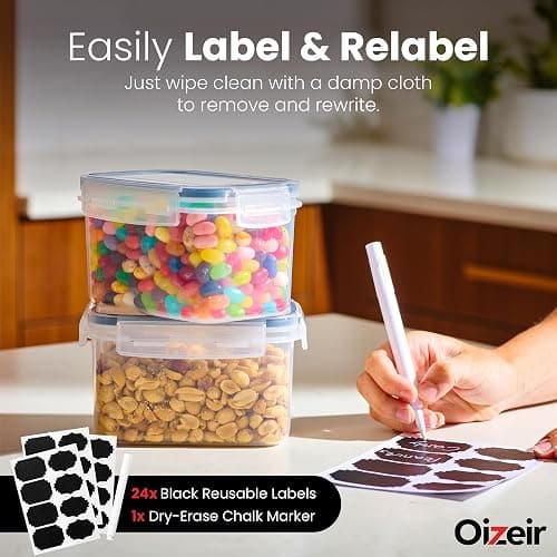 Airtight Food Storage Containers Set - Air Tight Pantry Storage Containers with Lids - Pasta Flour Sugar Cereal Containers - Storage Containers for Food - Kitchen Storage Container (Clear-24 Pack) thumbnail 4