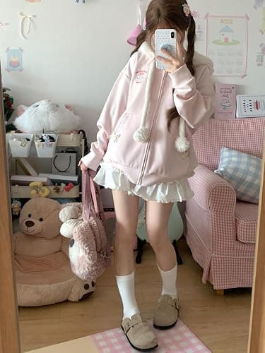 Women Kawaii Zip Up Hoodie Girls Cute Sheep Cartoon Embroidery Harajuku Long Sleeve Hooded Pullover Sweatshirt thumbnail 4