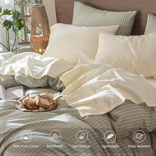 MooMee Bedding Sheet Set 100% Washed Cotton Linen Like Textured Breathable Durable Soft Comfy (Solid Cream White, California King) thumbnail 4