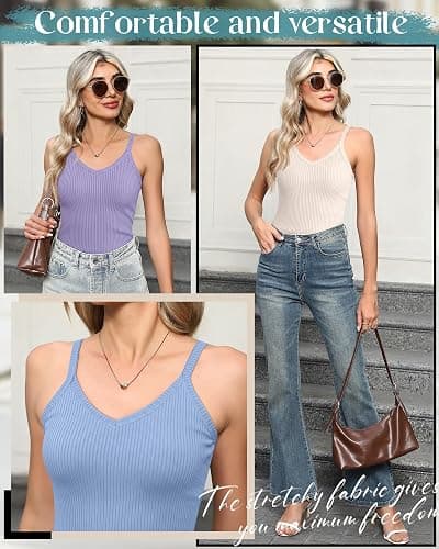 Yearntown 3 Pack Women's Ribbed Tank Tops Spaghetti Strap V Neck Slim Fit Cotton Camisole Knit Basic Sleeveless Camis Shirts thumbnail 6