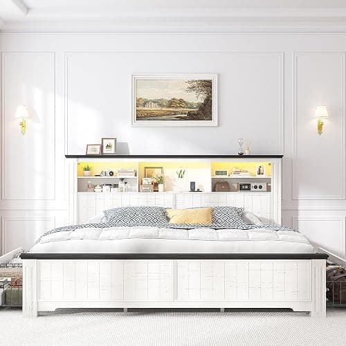 EnHomee King Size Bed Frame and Headboard & Storage, 4 Drawers and LED Built in Charging Station King Bed Frame with Storage Farmhouse,NO Noise,No Box Spring Needed,White thumbnail 3