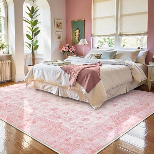 LIVEBOX 8x10 Pink Area Rug for Living Room, Vintage Soft Washable Bedroom Area Rugs, Non-Slip Foldable Floral Rug, Indoor Carpet for Dining Room Nursery Dorm Home Decor thumbnail 3