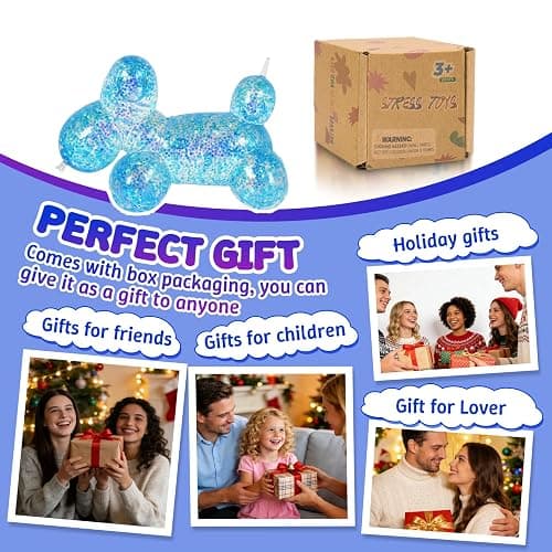 Balloon Dog Squishy Toy, Stretchy Sensory Fidget Toy for Kids and Adults, 1.97in Soft Stress Relief Squeeze Toy, Cute Balloon Animal Desk Toy, Glitter Squishy Gift(Blue) thumbnail 6