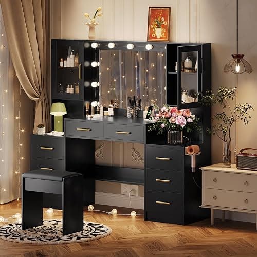 UGTOO Makeup Vanity Desk with Mirror and Lights, 58.3" Makeup Vanity with Lights & Charging Station, Dressing Table Vanity Set White Vanity Table with Cushioned Stool, 8 Drawers & 2 Cabinets Black thumbnail 6