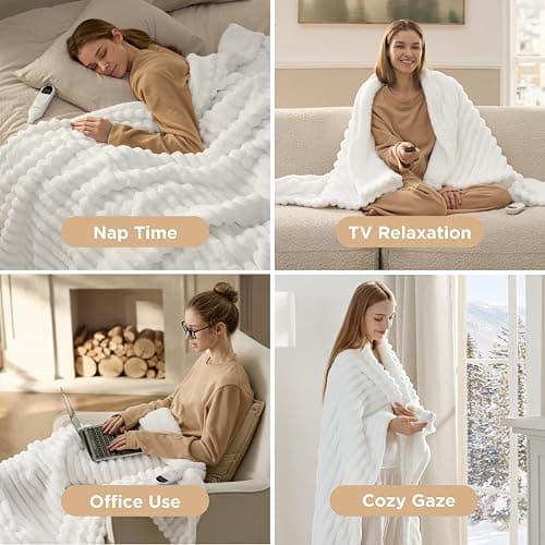 Bedsure Heated Blanket Electric Throw - Thick Striped Flannel Electric Blanket, Heating with 4 Time Settings, 6 Heat Settings, and 3-Hour Timer Auto Shut Off, Gift for Grandma (50x60 inches, White) thumbnail 6