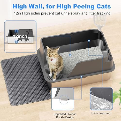 Stainless Steel Cat Litter Box with Lid, XL for Big Cats, High Sided | Metal Litter Pan, Anti Leakage, Odor-Free & Easy Cleaning, Included Scoop &Trash Bag*2 & Mat & Sticker, Grey thumbnail 6