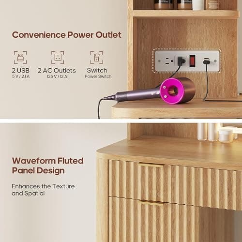 HAUOMS 51.2" Fluted Makeup Vanity Desk with Large 30.3" Mirror and Lights, 5 Drawer Vanity with Power Strip, 6 Open Shelves, 2 Cabinet，Modern Dressing Table with Solid Wood Legs for Bedroom, Oak thumbnail 6