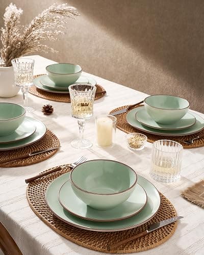 Famiware Venus Plates and Bowls Sets, 24 Pieces Stoneware Speckled Dinnerware Dishes Set for 8, Light Green - Microwave & Dishwasher Safe, Modern Minimalist, for Everyday Meals & Formal Dining thumbnail 2