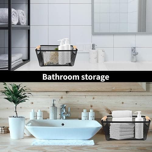 2 Pack 12" Wide Metal Mesh Baskets with Bamboo Handles for Pantry Organization | Wire Storage Bins for Kitchen, Cabinet, Fruit & Snacks | Decorative Farmhouse Style Organizer thumbnail 7
