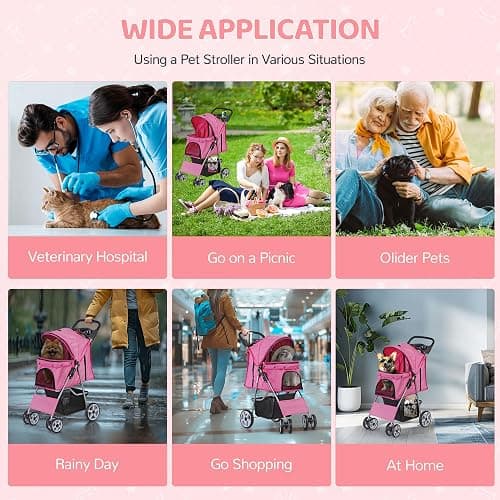 ZENY Foldable Pet Stroller, Cat/Dog Stroller with 4 Wheel, Pet Travel Carrier Strolling Cart with Storage Basket, Cup Holder (Pink) thumbnail 6